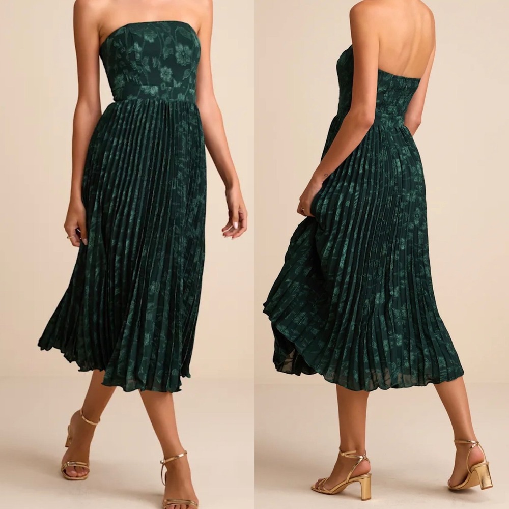 NWT Lulus Medium Perfectly Stunning Emerald Jacquard Strapless Midi Dress FLAW